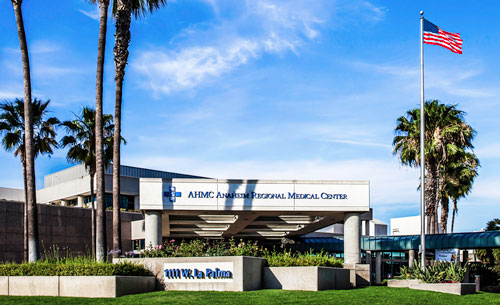 Picture of a front view shot- AHMC Anaheim Regional Medical Center. There is some palm trees, flowers, and a flag pole with The American Flag on it.